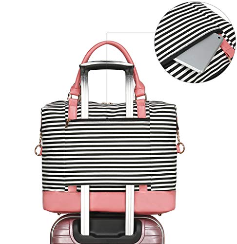 BLUBOON Weekender Overnight Bag for Women Ladies Travel Tote Bag with Trolley Sleeve Weekend Carry-on Duffel Bag Teacher Bag (Black Stripe)