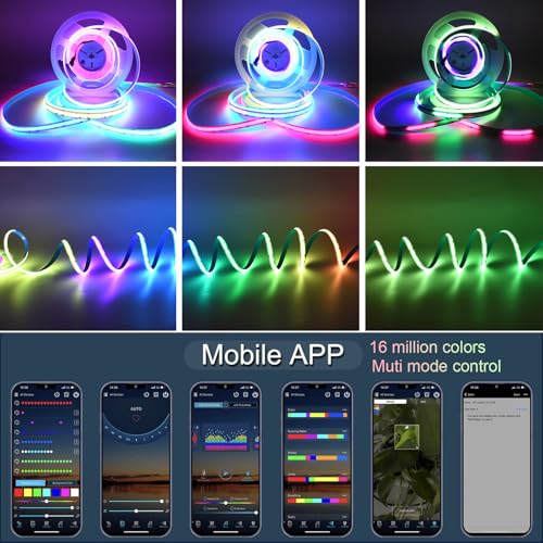 Image of Smart IC RGB COB Led Light Strip 32.8FT /10m, 24V 10mm Width Led Tape Lights with WiFi Bluetooth APP Remote Control, Flexible Addressable Color Chasing Light for TV Backlight Bedroom Party