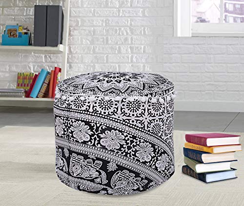 Indischer Pouf Ottoman Bezug, indischer Mandala-Bodenhocker, Boho-Sitzsack, Baumwollstoff, Hocker, Heimdekoration, Hippie-Stil, Schwarz und Weiß Cover