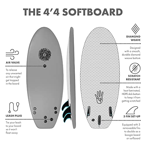 KONA SURF CO. The 4-4 Surfboard for Beginners Kids and Adults - Soft Top Foam Surfboards for Beach – Surf as a Boogie Board Bodyboard or Softboard - Includes Fins and Leash in Grey sz:4ft 4in - Thumbnail 4