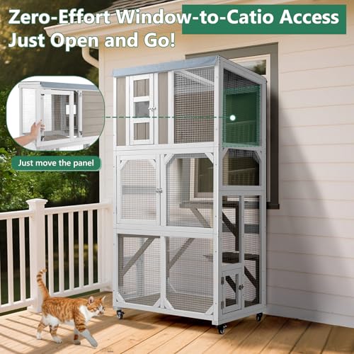 Image of Portable 63 inch Catio with Wheels, Outdoor Cat Enclosure with Window Access
