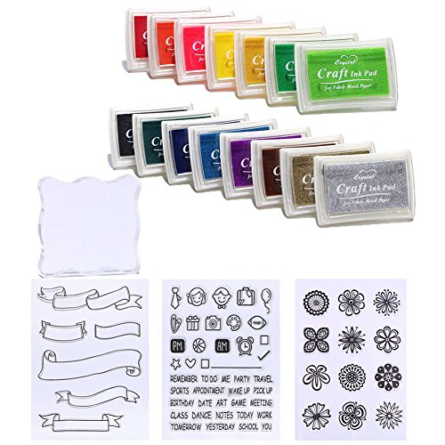 DECORA 19 Pack Stamp Ink Pads Set Include 15Pcs Multicolored Water-Soluble Stamp Ink pad, 3 Clear Stamps, 1 Acrylic Stamp Block for Kids Art Craft DIY Scrapbooking, Finger Printing and Card Making