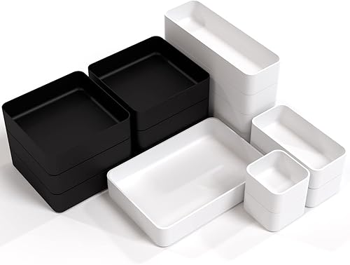 CHANCETSUI 15 Pcs Stackable Drawer Organizer Trays Set Stackable Storage Trays for Vanity Bathroom Kitchen Desk Drawer Organizer Office Plastic