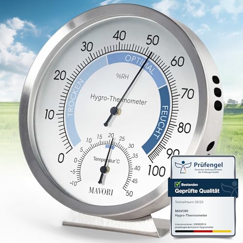 MAVORI 2in1 Hygrometer innen analog und Thermometer analog innen aus Edelstahl - Thermometer Hygrometer analog - Temperatur und Luftfeuchtigkeitsmesser innen für ein gesundes Raumklima - Ø 12 5cm
