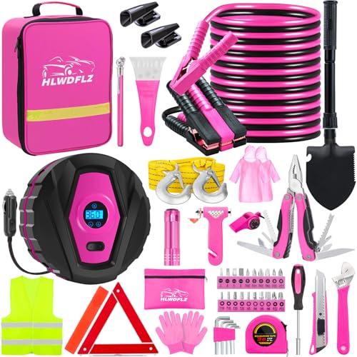 HLWDFLZ Car Emergency Kit with Portable Air Compressor - Roadside Emergency Kit for Vehicles Winter Car Safety Roadside Assist Kit Emergency Car Kit for Teen Girl and Ladies M-75