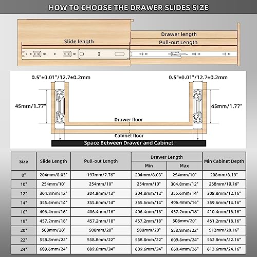 BAIDICE 1 Pair Full Extension Ball Bearing Drawer Slides 8 10 12 14 16 18 20 22 24 Inch 100 LB Load Capacity Side Mount File Cabinet Rails Dresser Metal Runner Trash Can Kitchen Slider Glide Black - Thumbnail 2