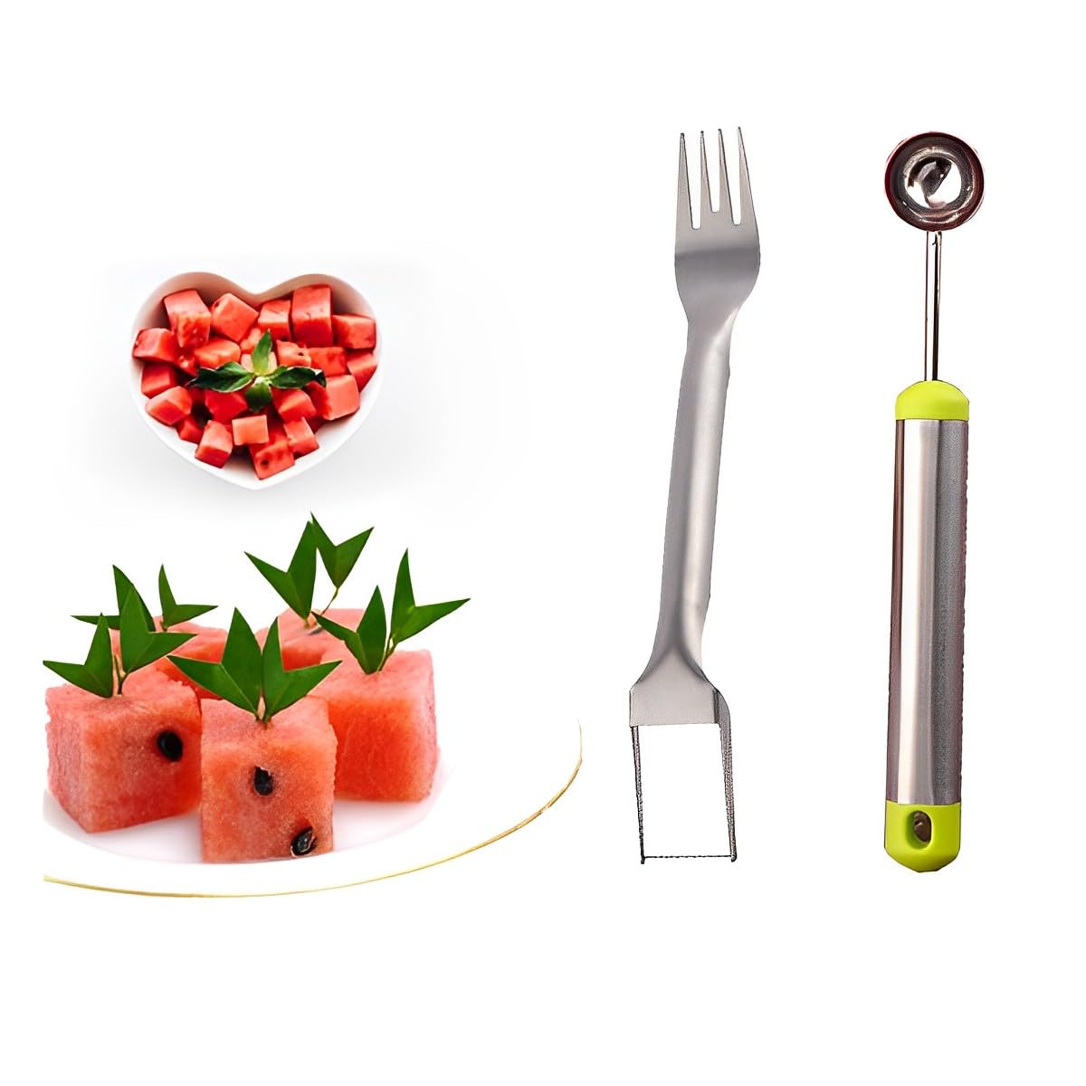 ALMEKAQUZ 2 Pack Watermelon Fork Slicer Cutter, 2-in-1 Summer Stainless steel Watermelon Fruit Cutter with Melon Baller Scoop, Fruit Knife Carving Tool Kitchen Gadgets for Family Parties Camping
