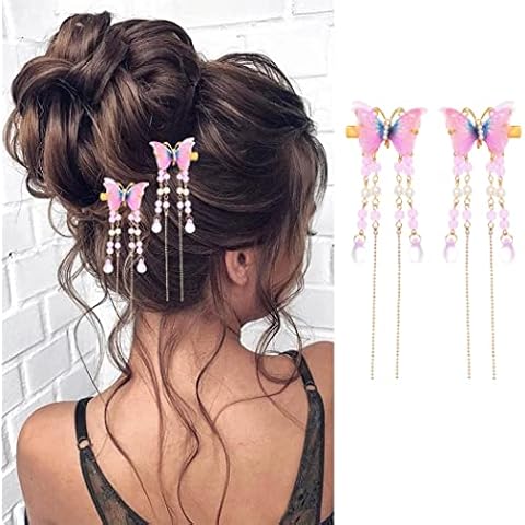 Bartosi Fabric Butterfly Hair Clips Purple Bride Wedding Hair Barrettes Tassel Hairpin Cute Rhinestone Bobby Pins Hair Accessories for Women and Girls (Pack of 2) Cover