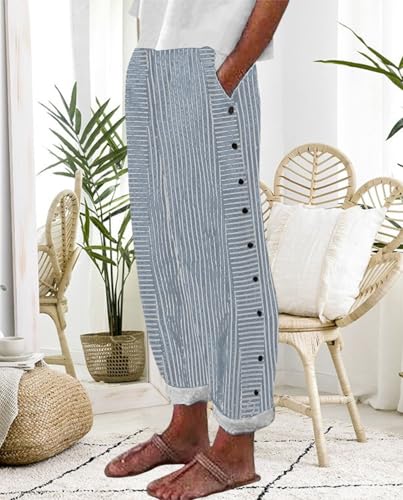 2025 Summer Women's Striped Home Pants Printed Straight Casual Style Side Adjustable Buckle Lightweight Vacation2