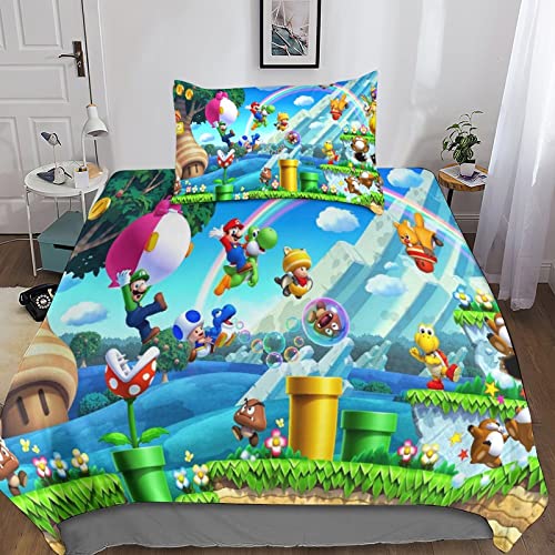Super-Mario-Bros Funda Edredón Impresión 3D Juego Cama Funda Almohada Los Adolescentes Niño Niña, Microfibra, 2 Piezas, con Cremallera, Juego De Sábana Single(135x200cm)
