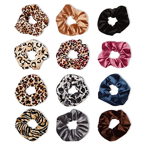 Velour Animal Print Scrunchies for Women, Teens, and Girls (12 Pack)