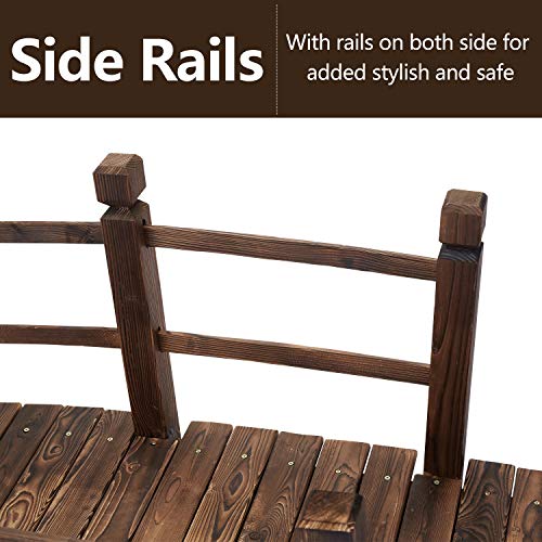 Kinsunny 5 ft Wooden Garden Bridge with Double Railings Stained Finish Footbridge Decorative Pond Bridge Outdoor Lawn Arc Walkway