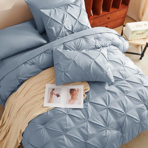 image for CozyLux Full Comforter Set 7 Pieces Bed in a Bag Grayish Blue, Pintuck
