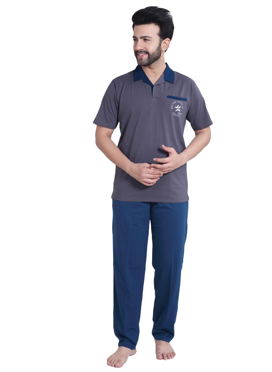 Men's Cotton Blend Pajama Set, Black and Grey, Polo T-Shirt with Track Pants, Regular Fit,-image-24