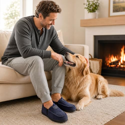 Image of ATHMILE Mens Slippers Moccasin Corduroy House Slippers Shoes Memory Foam