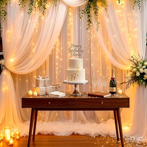 Image of Party Propz White Net Curtain for Decoration with Fairy Lights (9m), White Canopy Tent for Decorations, Birthday Backdrop for Decoration, Backdrop Decorations(7pcs)
