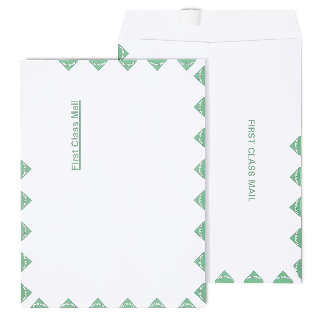 Staples First Class EasyClose Catalog Envelopes 9 x 12-Inch, White/Green 100/BX
