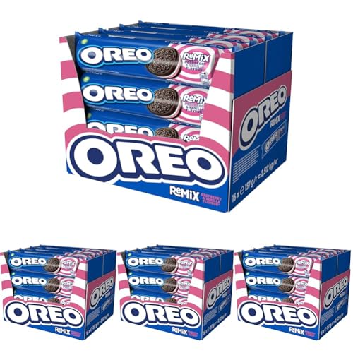 Oreo Remix Galletas de Cacao Rellenas de Crema Sabor Frambuesa y Vainilla 157g - Pack de 16 (Paquete de 4)