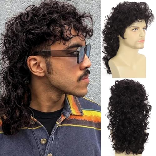 Daiaces Brown Curly Mullet Wig for Men 80s Party Cosplay