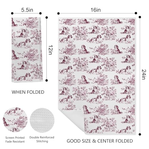 Image of Chinoiserie Cavalier King Charles Spaniel Kitchen Towels, King Charles Cavalier Gifts Dish Tea Towels for Kitchen, Grandmillennial Toile de Jouy Dog Hand Towels for Bathroom, 16x24 Inch (Red)