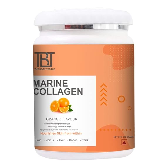 TBT The Body Temple Type I and III Marine Collagen with Hyaluronic Acid, Biotin & Vitamin C - 250gm Powder- No Smell - Easy to Mix - For Skin, Hair & Nails (Orange)