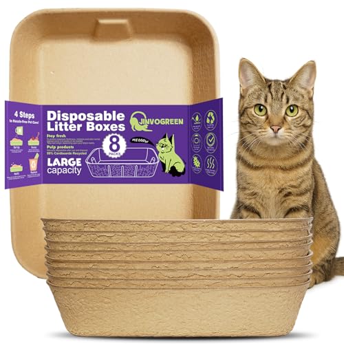 JINVOGREEN Disposable Litter Boxes for Cats, 8 Pack Cat Litter Trays for Travel, Temporary Use, or Liner – Leak-Proof, Eco-Friendly, Easy Clean-Up (16.1" x 12.4" x 3.7")