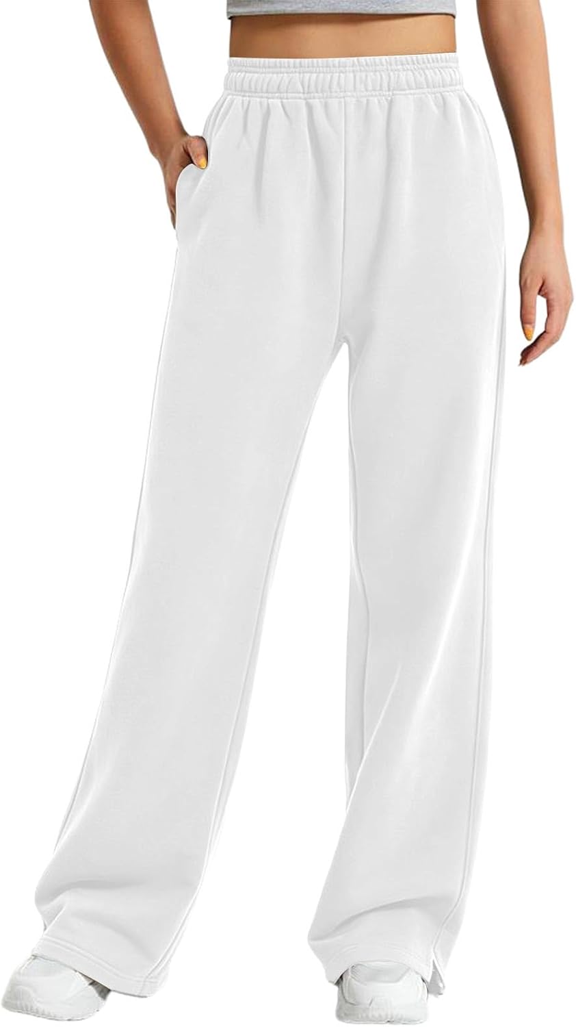 Women Fleece Lined Sweatpants Lightweight Wide Leg Track Pant | Fall Baggy Straight Leg Trousers High Waisted Side Slit Athletic Sweat Pants with Pockets