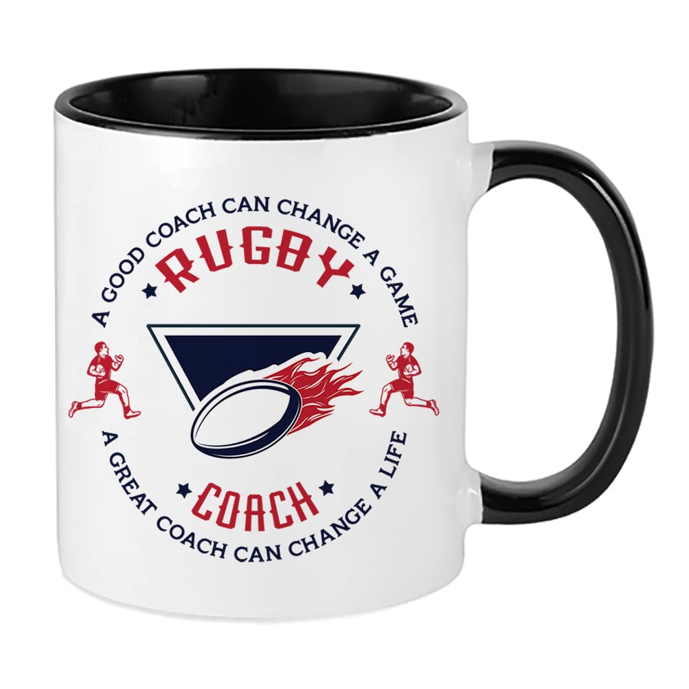 Rugby Coach Gift, A Good Coach Can Change a Life, Best Coach Gift, Rugby Game Gift, Christmas Coffee Tea Cocoa Soup Daily use 11oz Inside Coloured Ceramic Cup Mug. (Black)