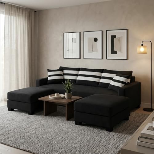 Image of Kassian Rich Velvet Suede 3 Seater Sofa Set with 2 Ottomans | Spacious Soft Touch Comfort Seating | Modern Sofa for Living Room (Black)
