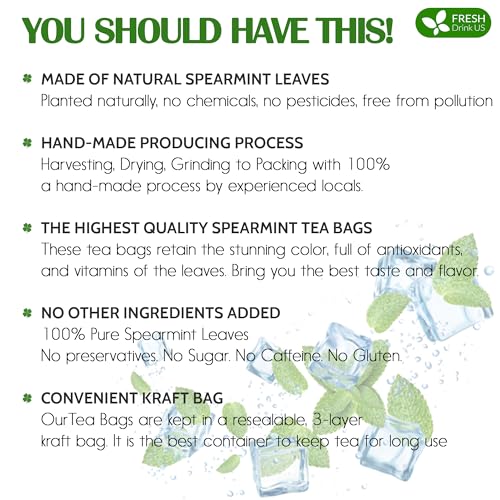 Image of FreshDrinkUS, Premium 135 Spearmint Tea Bags, 100% Natural & Pure from Spearmint Leaves. Loose Leaf Spearmint Herbal Tea. Made with Natural Material Tea Bags. No Sugar, No Caffeine, No Gluten, Vegan.