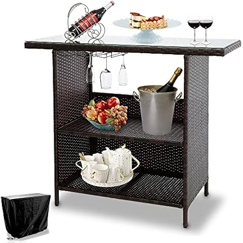 NAVINE Outdoor Patio Bar Table, PE Wicker Bar Counter Table with 3 Set of Rails, Tempered Glass Desktop, Waterproof Cover, Suitable for Outdoor, Patio, Poolside, Garden. Cover