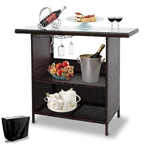 NAVINE Outdoor Patio Bar Table, PE Wicker Bar Counter Table with 3 Set of Rails, Tempered Glass Desktop, Waterproof Cover, Suitable for Outdoor, Patio, Poolside, Garden.