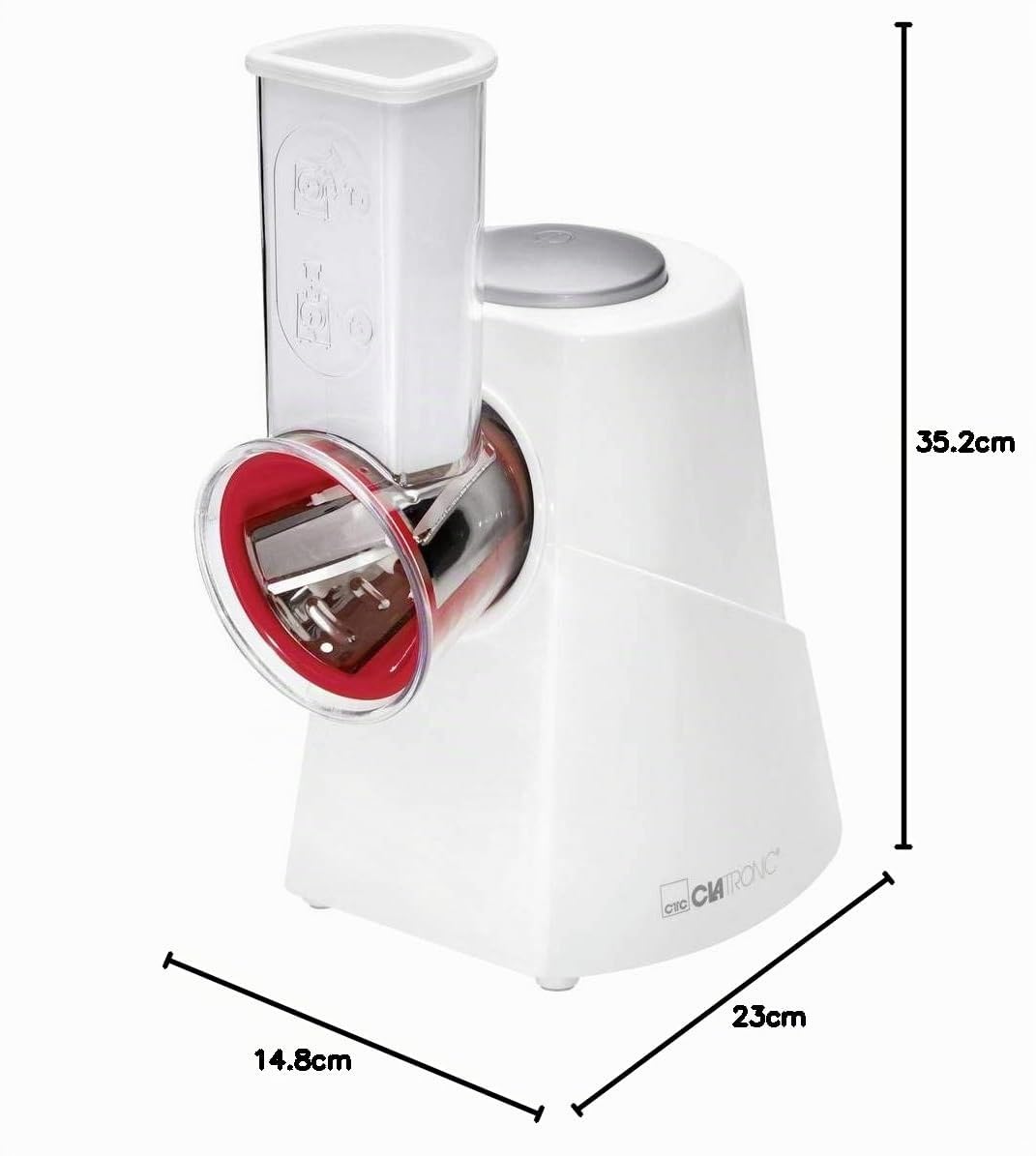 Clatronic ME 3604, Multi-Express, pour couper, râper et émincer | Éminceur électrique | Coupe-légumes | Râpe à légumes | 5 ustensiles y compris râpes | Grande ouverture de remplissage | 200W | Blanc