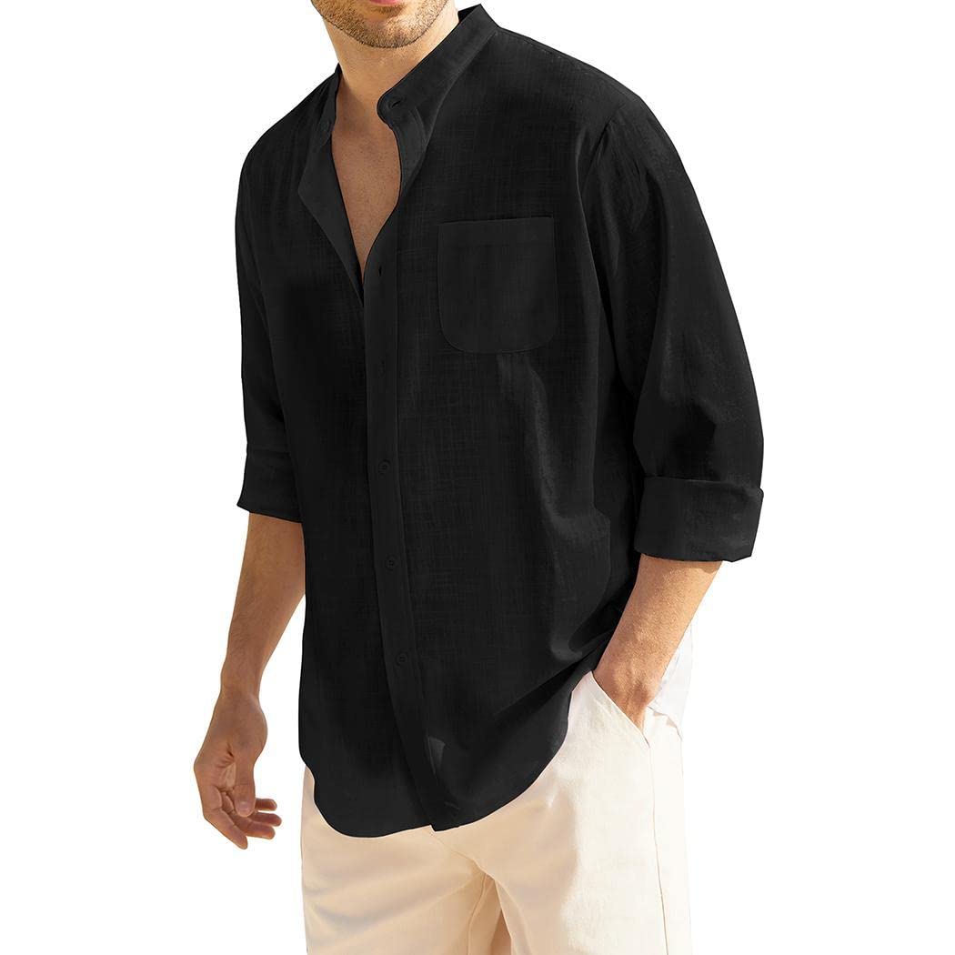 COOFANDY Camisa de lino para hombre, manga larga, verano, cuello alto, corte regular, camisa informal con bolsillo en el pecho
