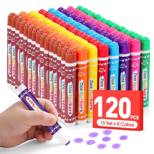 FUMILE 120 Pcs Dot Markers Bulk 8 Colors Bingo Daubers Bulk for Toddlers Washable Bingo Markers Bingo Supplies Dot Paint for Painting Supplies Drawing Coloring and Art Crafts(15 Boxs)
