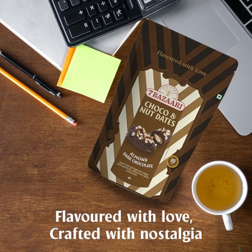 Image of 7 BAZAARI Premium Chocolate Dates with Almonds | Dark Chocolate Coated Datesc| No Added Sugar | Healthy Energy Snack | Gluten Free Gourmet Treat | 10 pcs