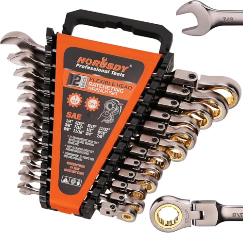 HORUSDY 12-Piece SAE Flex-Head Ratcheting Wrench Set with Organizer | 1/4” to 7/8“ Ratchet Combination Wrenches Set | 72-Teeth | Chrome Vanadium Steel