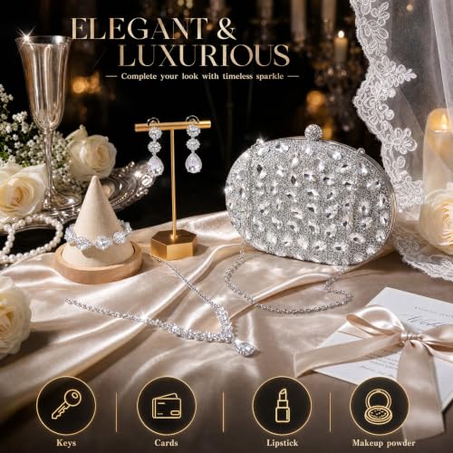Image of Quelay 4 Pcs Purse Rhinestone Jewelry Set for Wedding Bridal Women Evening Clutch Bag Necklace Dangle Earrings Bracelets