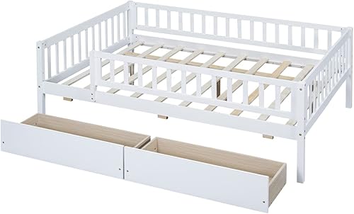 Miniatura 4 de HoRunzelin Full Size Pine Wood Daybed with Two Storage Drawers,Fence Guardrails Platform Day Bed for Kids Boys Girls,White