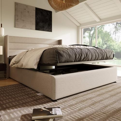 KOMHTOM Lit Double Rembourré Hydraulique de Rangement,Moderne lit Coffre avec Tête,Cadre de lit avec Cadre en métal, Sommier à Lattes en Bois(sans Matelas)...