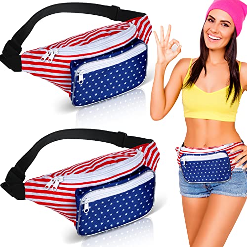 2 Pieces American Flag Fanny Pack USA Bag 4th of July Waist Pack Red White Blue Stars Stripes Fanny Bag Patriotic Fanny Pack Adjustable America Waist Bag Accesories for Travel Outdoor Sports