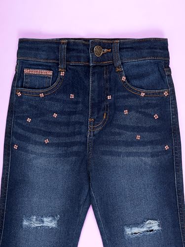 Image of KiddoPanti Girls Bottom Flared Knee Distress Stretchable Denim Jeans with Adjustable Elastic Waist
