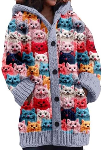 Cute Cat Pattern Knit Hooded Cardigan Cat Sweaters for Women Cat ...