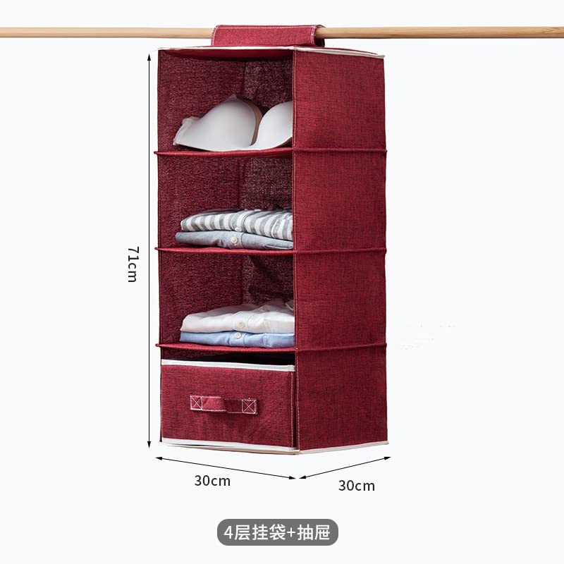 Organizer da appendere per armadio, 71 x 30 x 30 cm, in cotone e lino (rosso vino, con cassetto)