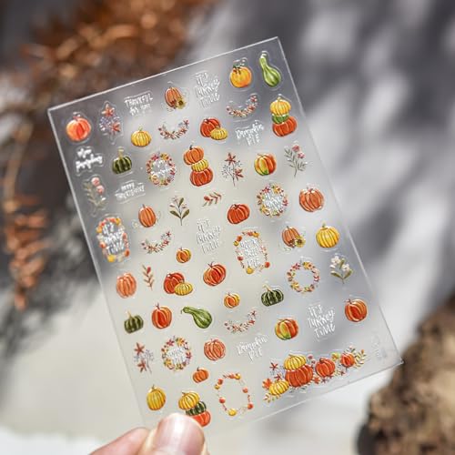 Image of Fall Nail Stickers Pumpkin Nail Art Decals Autumn Vegetable Nails Art Stickers 5D Embossed Self Adhesive Nails Decals for Women Girls Kid Manicure DIY Decoration Supply Accessories