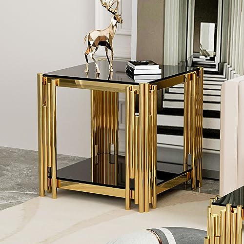 Black Glass End Table Modern Living Room Table 20" Luxury Gold So...