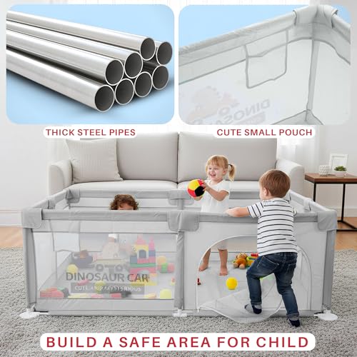 Image of Baybee JoyHub Kids Playpen for Babies | Baby Play Area Indoor Setup with Zipper Door & Toys Pouch | Kids Activity Playards with Corner Protection | Outdoor play pen for baby for 0 - 5 years Boys Girls (200 x 180 CM - Light Grey)