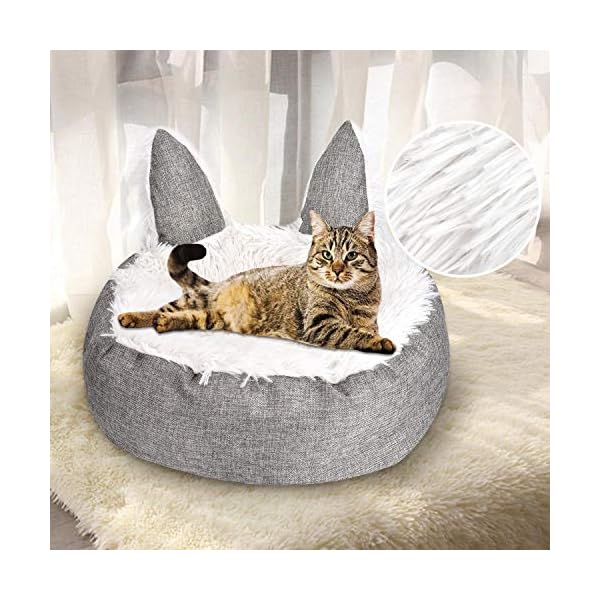 Queta Haustierbett für Katzen und Hunde, Rundes Plüsch Weich Hundebett, Schöne Katzenbett in Katzenohren-Form(45cm) (grau) – Bild 3