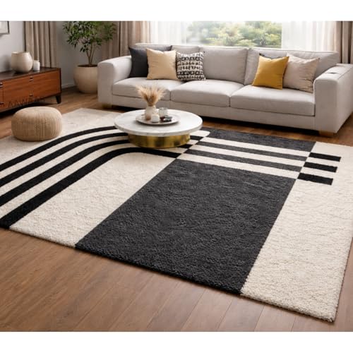 Image of 5x7 feet Shaggy Polyester Abstract Modern Area Rug - 2 Inch High Pile Ultra Soft Plush Carpet for Living Room, Bedroom & Kids Room, Thick Fluffy Rug for Indian Home Decor E - Rectangular