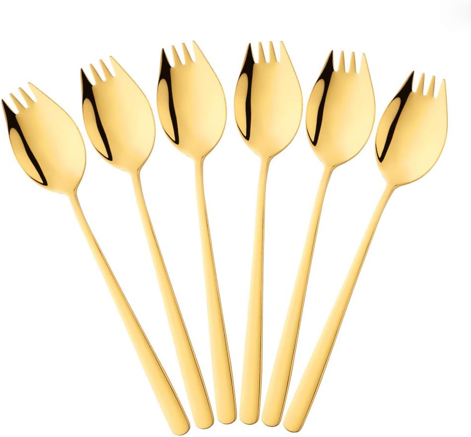 Gold Spork Stainless Steel Cutlery Sporks 6-Piece Travel Camping Spoon Fork Set 2 in 1 Long Handle 21.3cm Spoon Fork for Buffet Pasta Noodle Soup